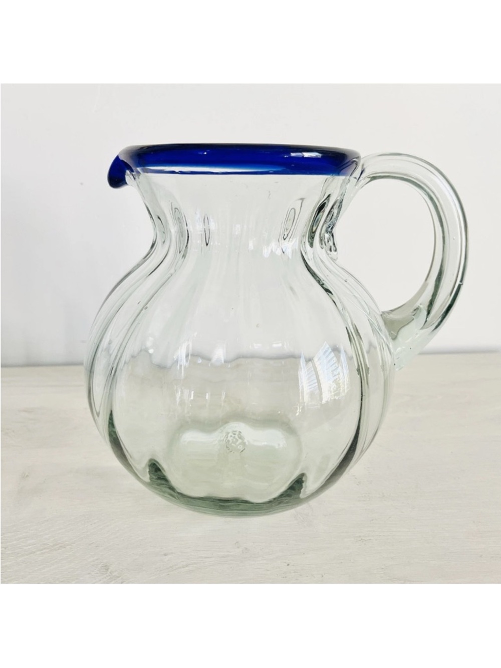 Fluted Hand Blown Recycled Glass Pitcher with Cobalt Blue Rim Made in Mexico